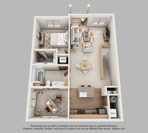 Floor plan for 1 bed, 1 bath, 878 sqft